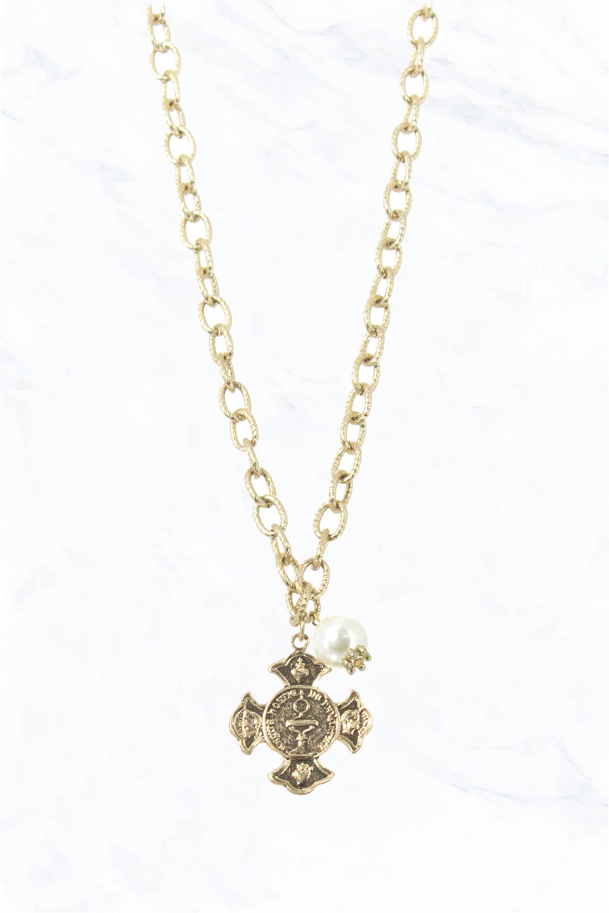 Suzie Q USA – wholesale Pendant/charm necklace – Cross with Imagery and Pearl Charm Necklace0