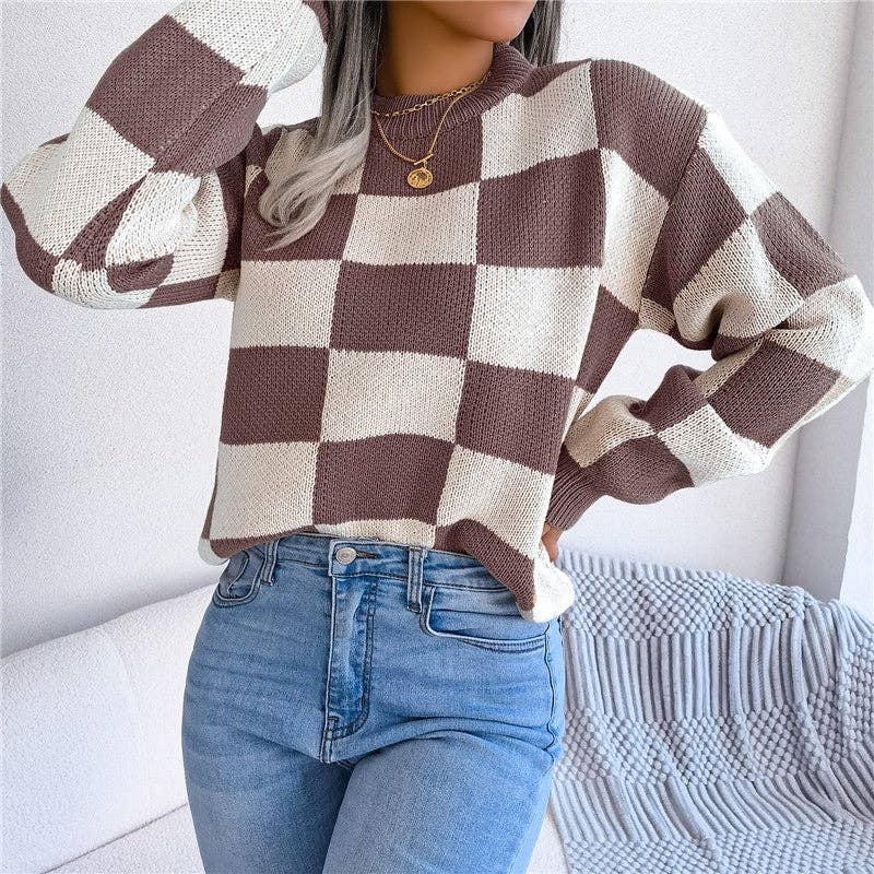 OceanusSwim - Wholesale Knit Sweater - Women's - Color Block Checkered Sweater1