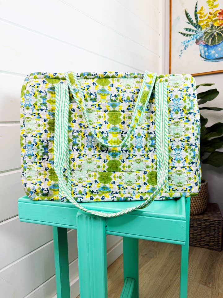 Quilted Overnight Bag | Weekender Duffle Bag | Aqua Tie Dye for wholesale by Folklore Couture
