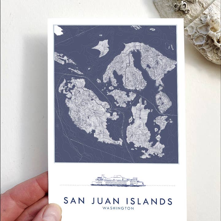 SAN JUAN ISLANDS WA "Blueprint" Map - Standard Postcard for wholesale by Turn-of-the-Centuries