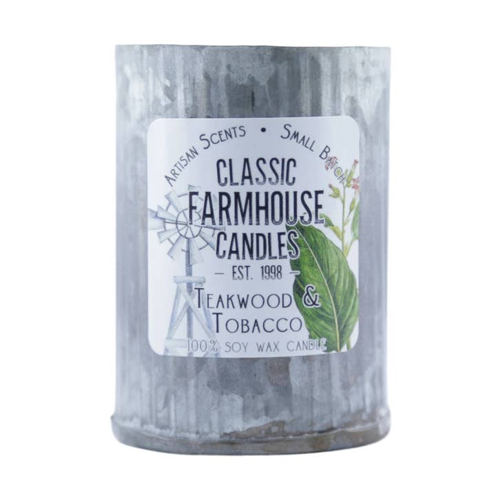 NEW! Small Tin Soy Candle - Teakwood & Tobacco for wholesale by Classic Farmhouse Candles