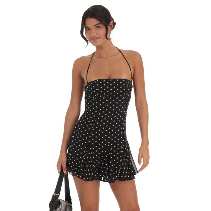 Halter Polka Dot Dress in Black for wholesale by Lucy In The Sky