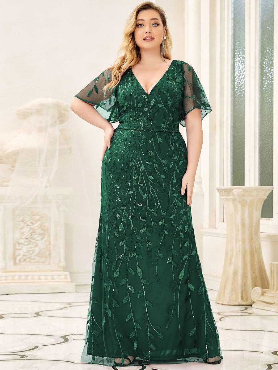 Ever-Pretty - Wholesale Gown - Women's - Plus Size V Neck Mermaid Sequin & Tulle Evening Dress6
