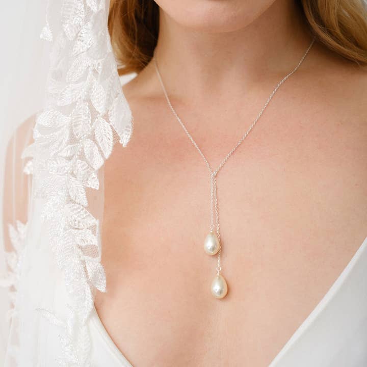 Teardrop pearl droplet lariat necklace (silver) for wholesale by Liberty in Love