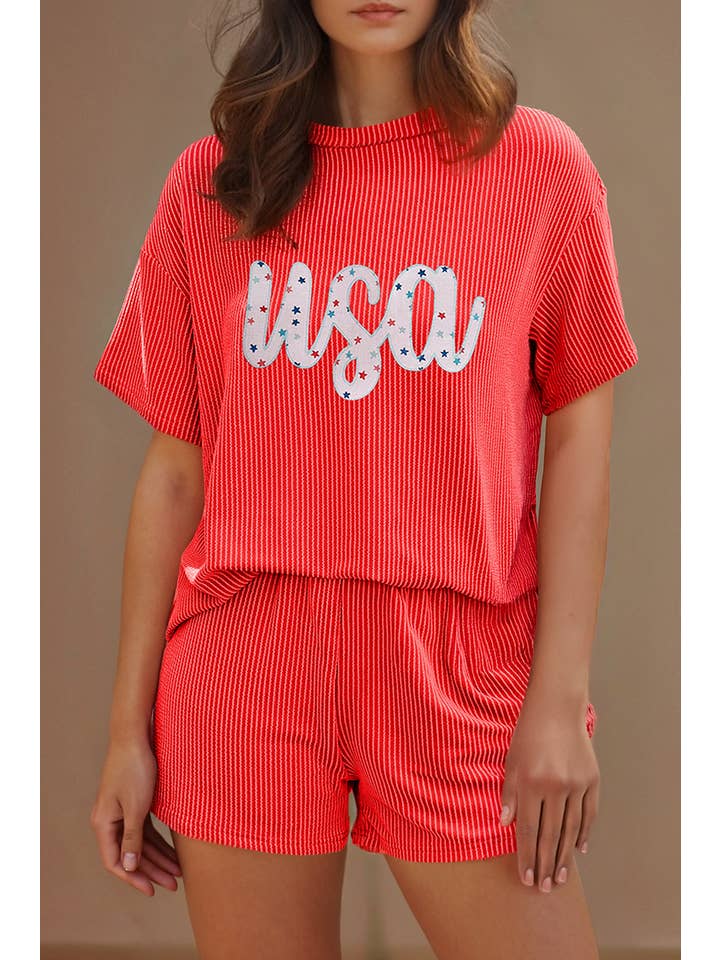 Orange Star USA Embroidered Corded T Shirt and Shorts Set for wholesale on Faire