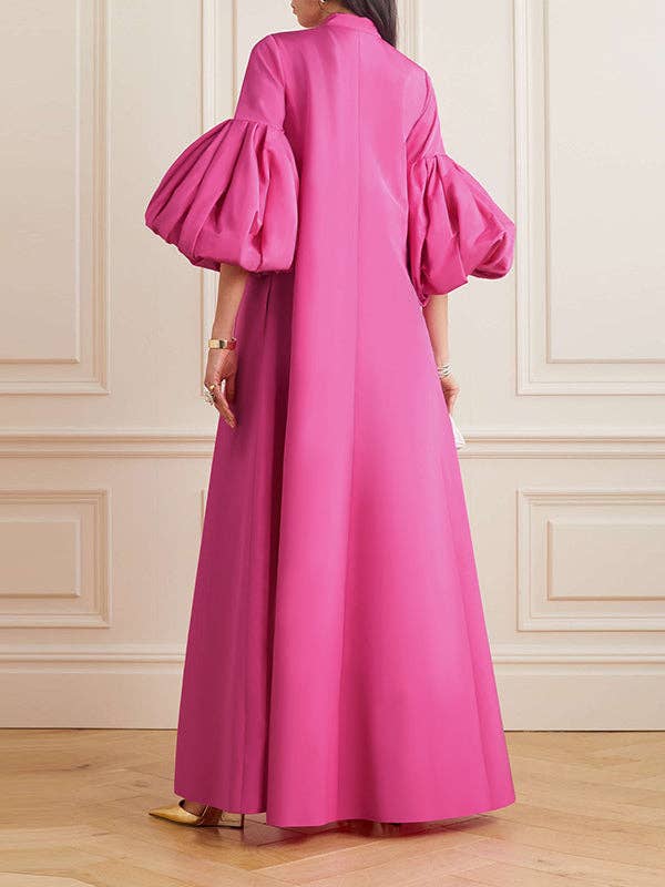 FurDecoration - Wholesale Dress - Women's - Flowy Floral Stand Collar Lantern Sleeve Maxi Dress1