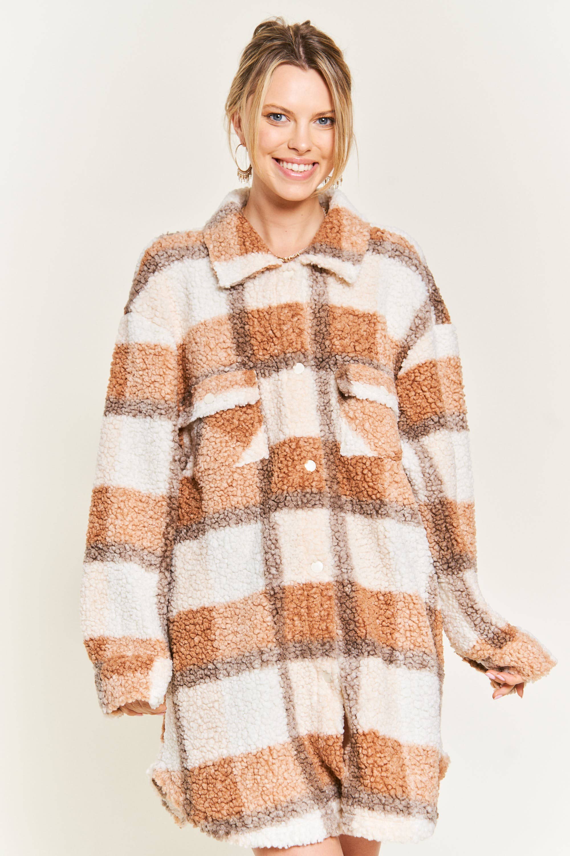 Orange PLUS SIZE Fuzzy plaid teddy jacket JJO1021-1 for wholesale on Faire12