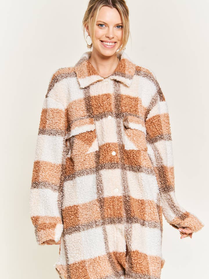 Orange PLUS SIZE Fuzzy plaid teddy jacket JJO1021-1 for wholesale on Faire12