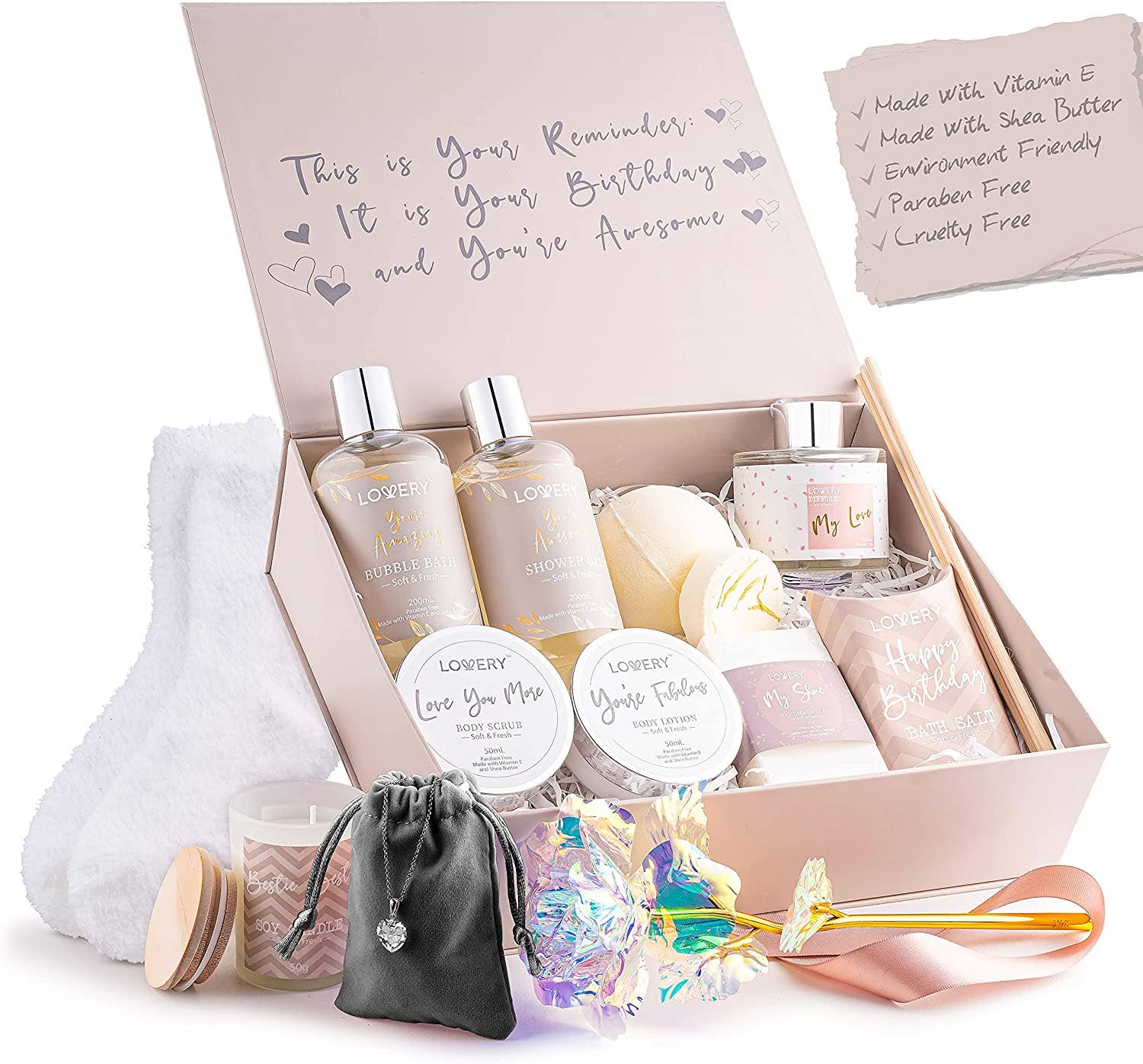 Lovery - Vente Set de bain et corps - Panier-cadeau d'anniversaire - Coffret cadeau bain et spa avec collier en zircone cubique6