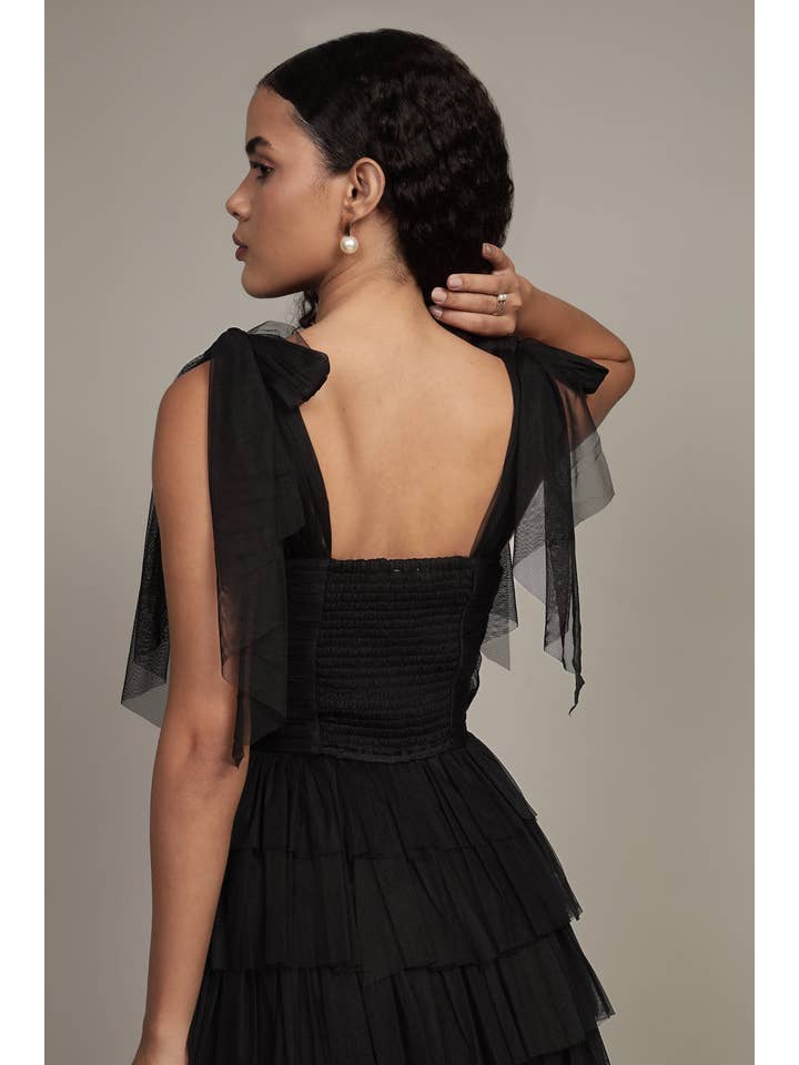Ophelia Tulle Maxi Dress with Tie Detail in Black for wholesale on Faire7