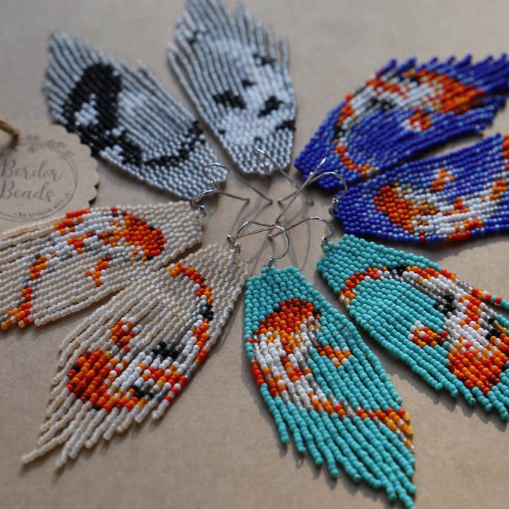 Koi fish -handwoven beaded fringe earrings, mismatched for wholesale by BerdorBeads