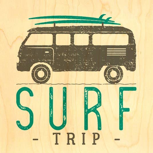 Postal de madera ilustrada Combi Surf Trip para venta al por mayor de Hironwoods