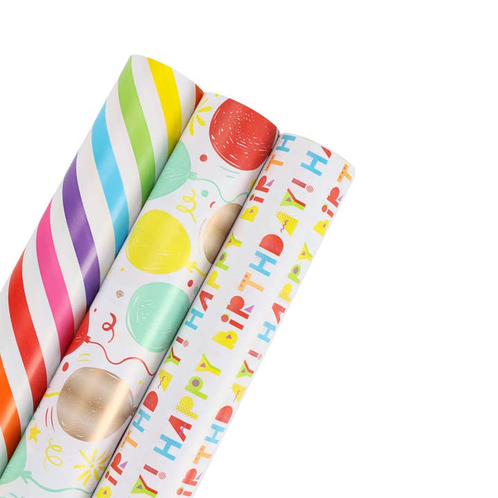 LA Ribbons Wholesale - Wholesale Wrapping Paper Roll - 30" x 10' Birthday Wrapping Paper Bundle (3-pack)| 3 Designs