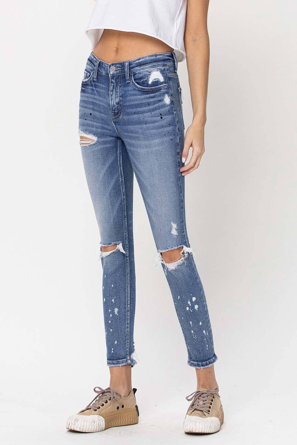 SEA SALT MID RISE DISTRESSED PAINT SPLATTER SKINNY JEANS F4159 for wholesale on Faire5