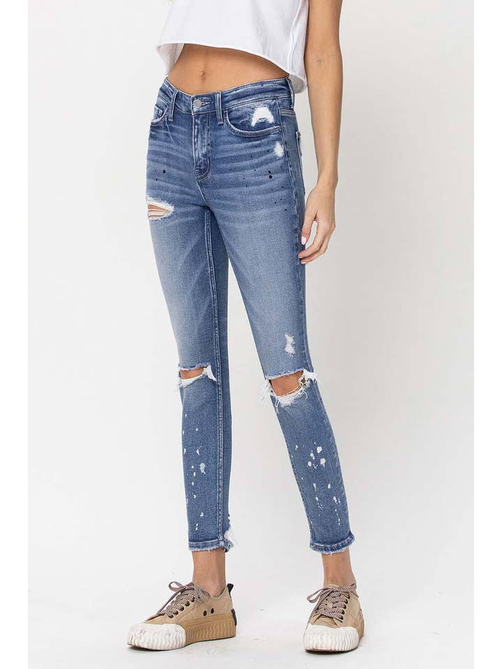SEA SALT MID RISE DISTRESSED PAINT SPLATTER SKINNY JEANS F4159 for wholesale on Faire5