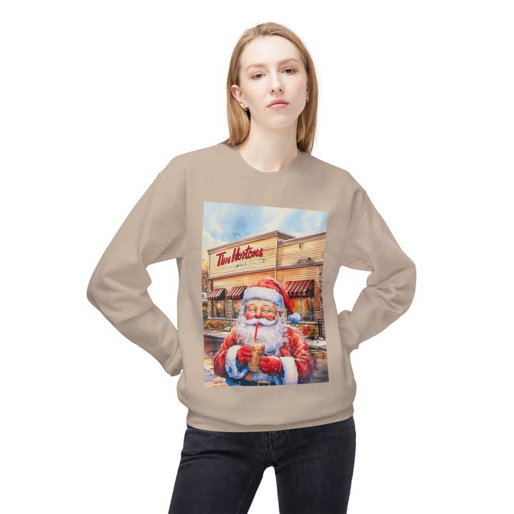 Buffalovely - Wholesale Graphic Sweatshirt - Women's - Santa with an Iced Coffee at Tim Horton's Cozy Unisex Christmas Crewneck Sweatshirt22