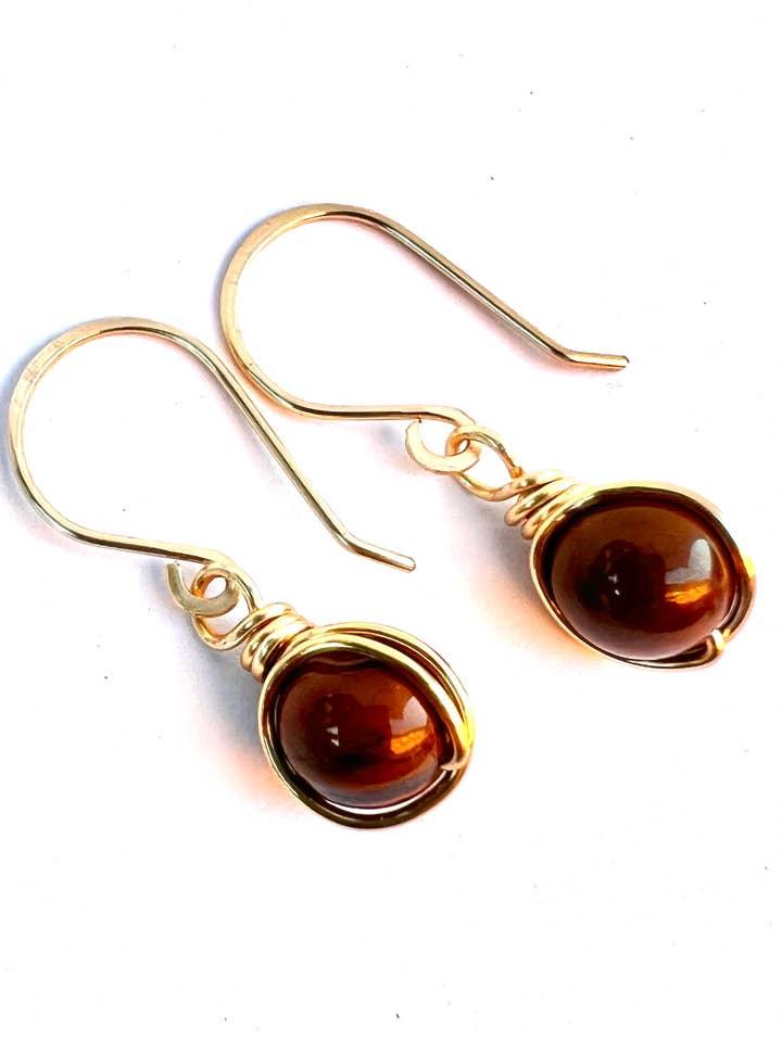 Single Wire Wrapped Tiger Eye Gemstone Earrings for wholesale by Beaded Vision Jewelry
