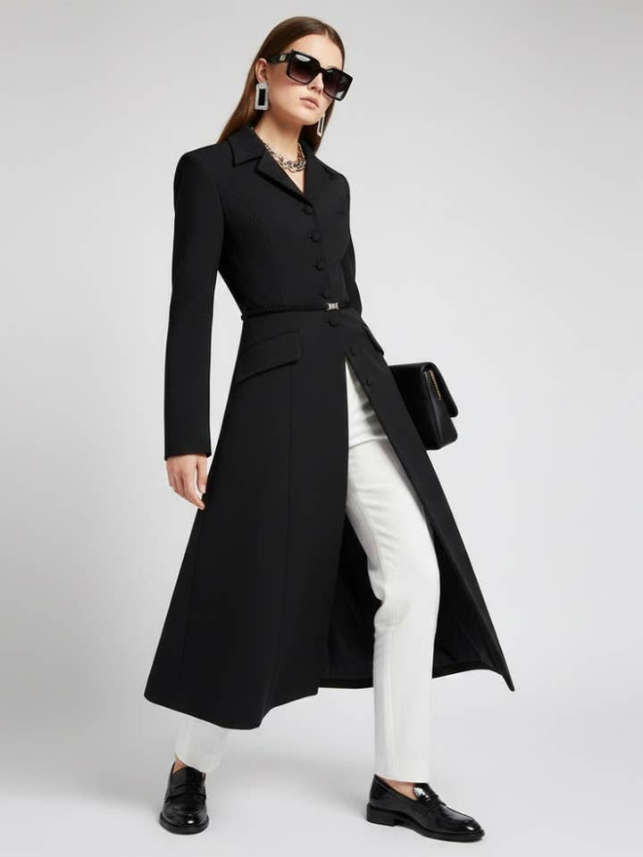 Black Long Tailored Coat with Belt - BOERUM HILL: New Collection COUTURE in BROOKLYN - BYMANYC ® New York for wholesale by BYMANYC NEW YORK