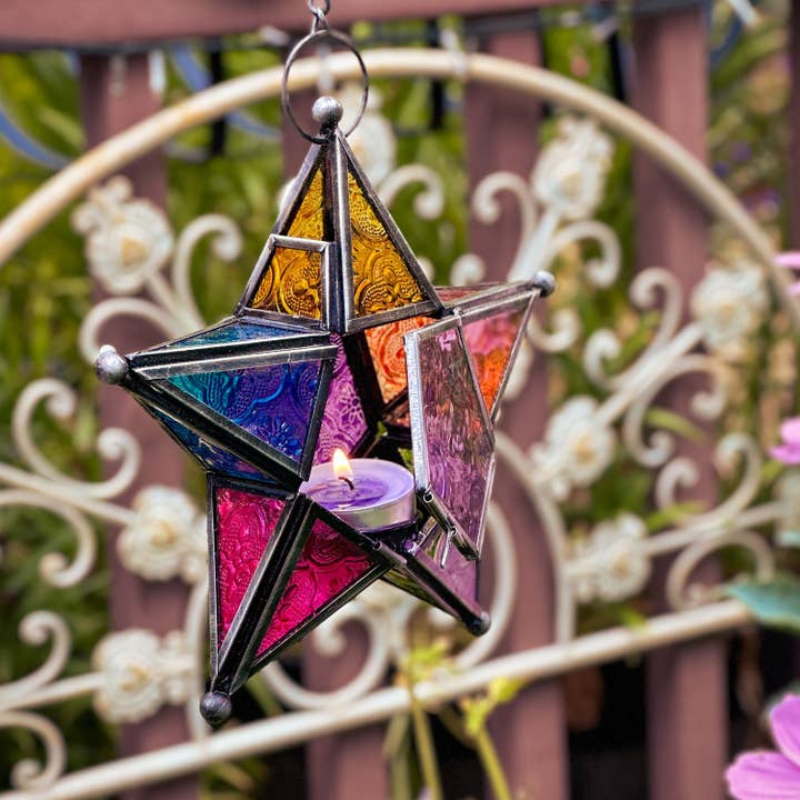 In the Breeze, LLC. - Wholesale Candle Holder - Rainbow 5-Point Star Hanging Tealight Lantern1