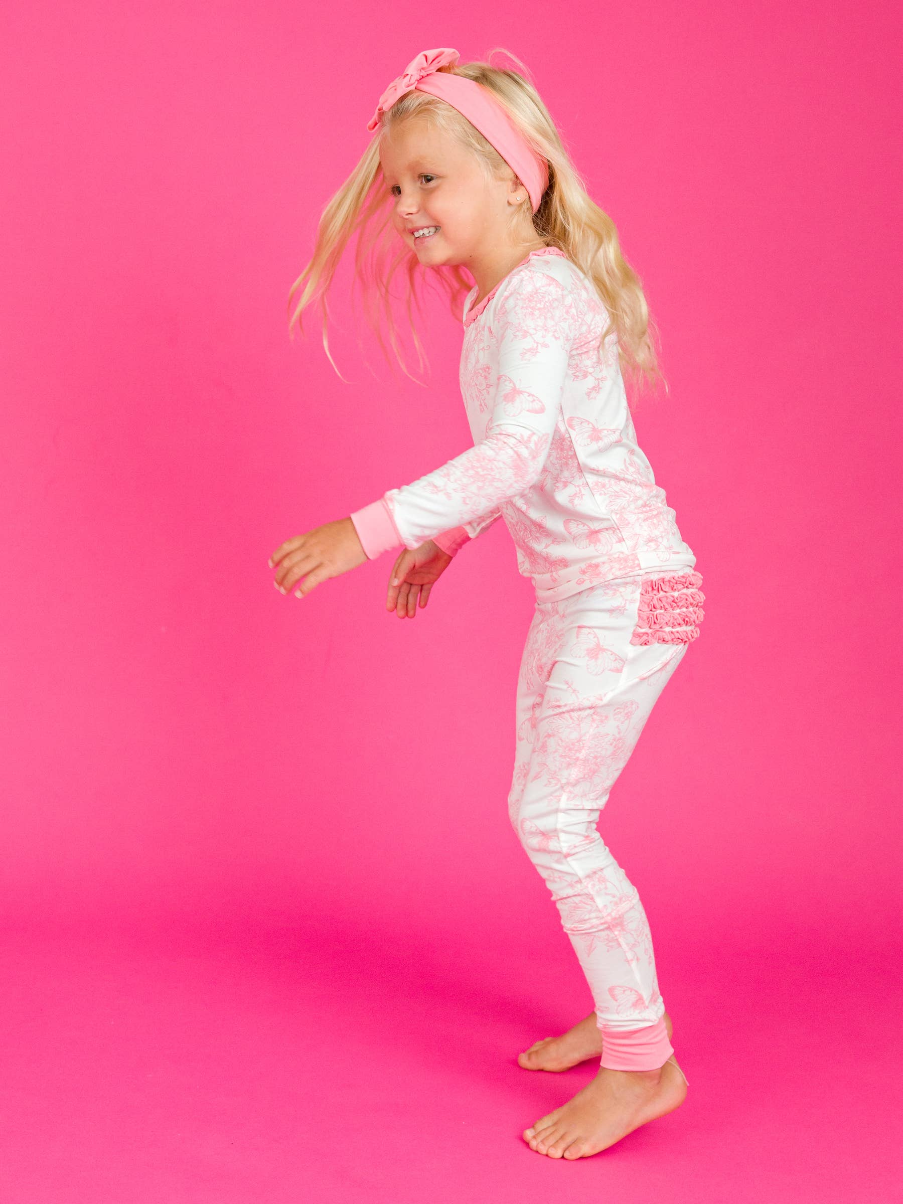 White SoftSnooze™ Toddler Girls Bamboo Viscose Pink Butterfly Garden Toile Ruffle Long Sleeve Pajama Set with Signature Rear Ruffles for wholesale on Faire2