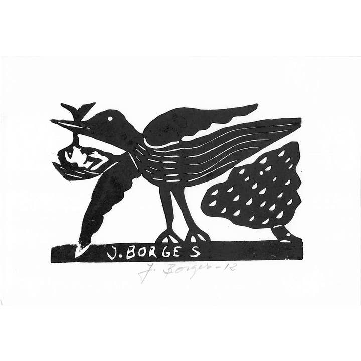 Petite gravure sur bois de J. Borges, Cigogne avec bébé n°46, Brésil pour la vente par Tesoros Trading Company