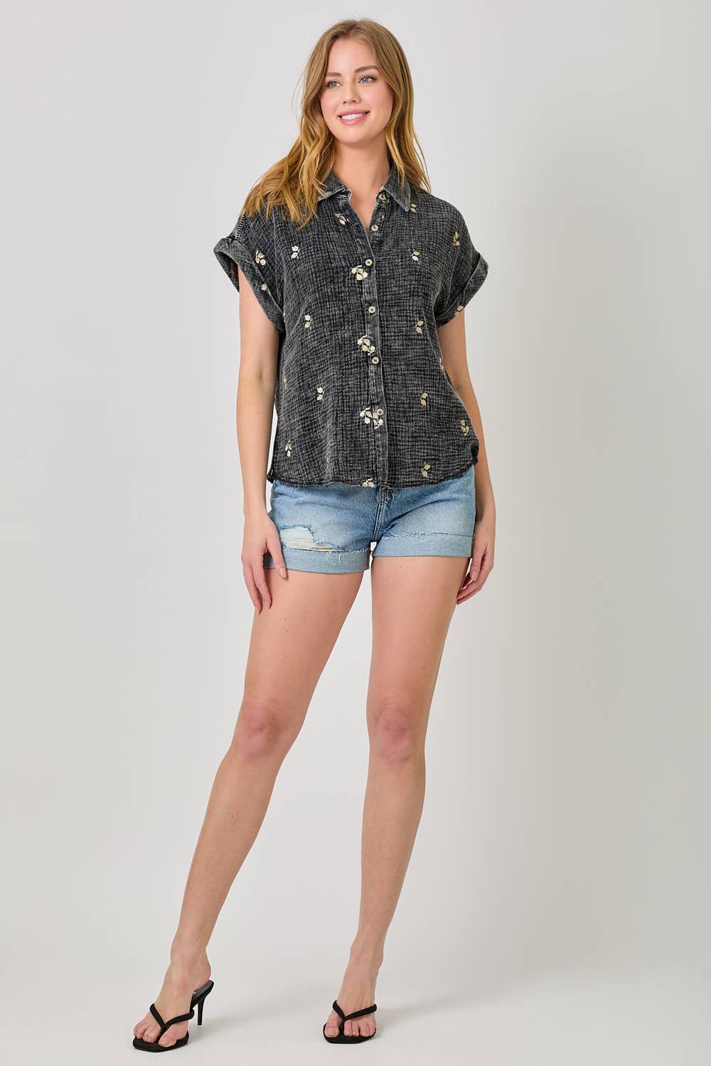 Mystree - Vente Chemise à col boutonné – femme - Haut brodé lavé 6095833