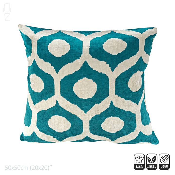 Turkos Blå Drop Mönster Silk Ikat sammet Kuddfodral för wholesale av OyzShop