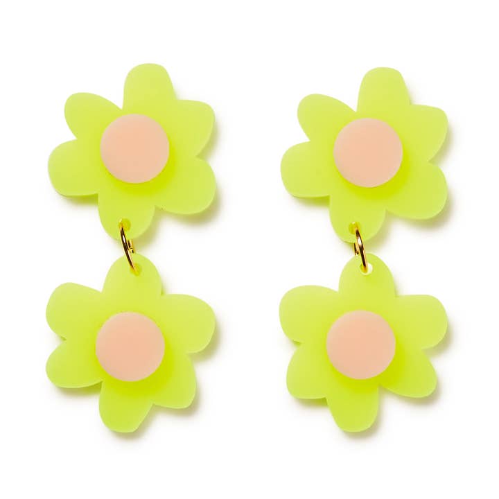 Jolene dobbelt blomster Øreringe//Neongul med lyserød for engroshandel hos Emeldo