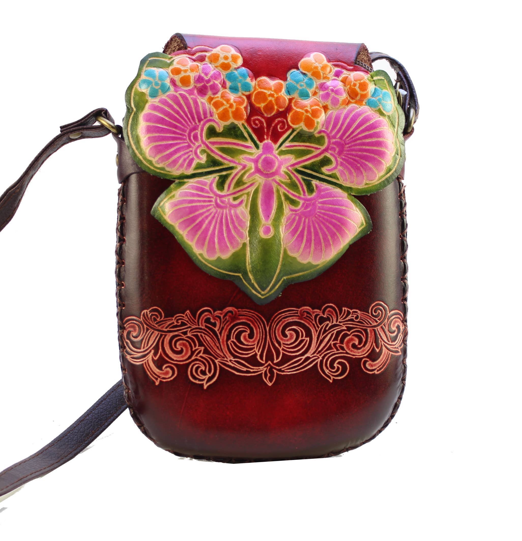 Sunflower Handmade leather inc - Vendita all'ingrosso Tracolla - Donna - Borsa a tracolla rettangolare in pelle fatta a mano con farfalla per telefono.0