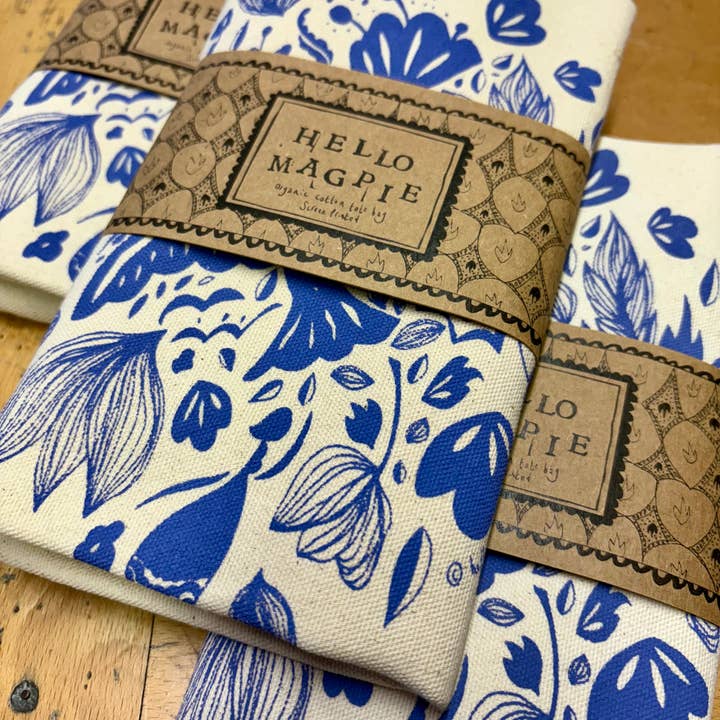 Illustrated Cotton Tote Bag - Diamonds and Birds (indigo) for wholesale by Hello Magpie