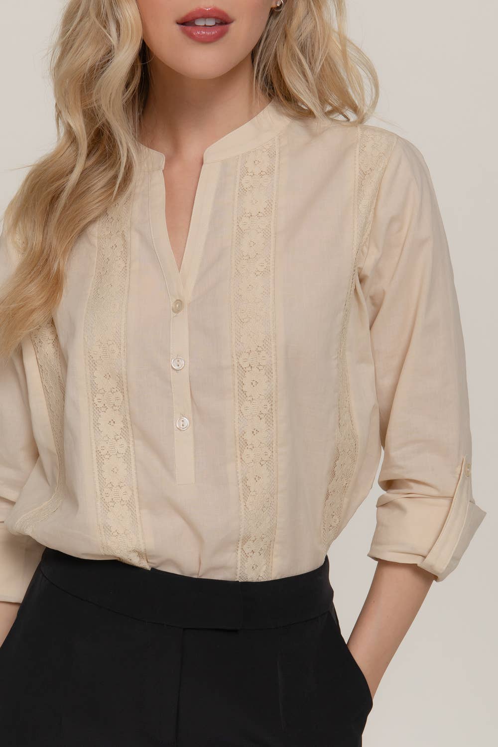 Active Basic | Active USA - Venta al por mayor Blusa - Mujer - Blusa tejida con panel de encaje y manga larga19