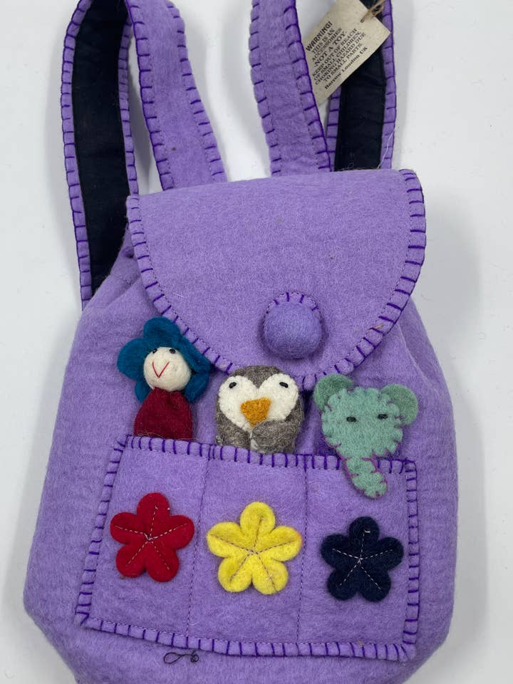 Borsa per Bambini con Burattini in Feltro Fatti a Mano - Viola (Zaino) per la vendita all'ingrosso da parte di Funky Yak Ltd