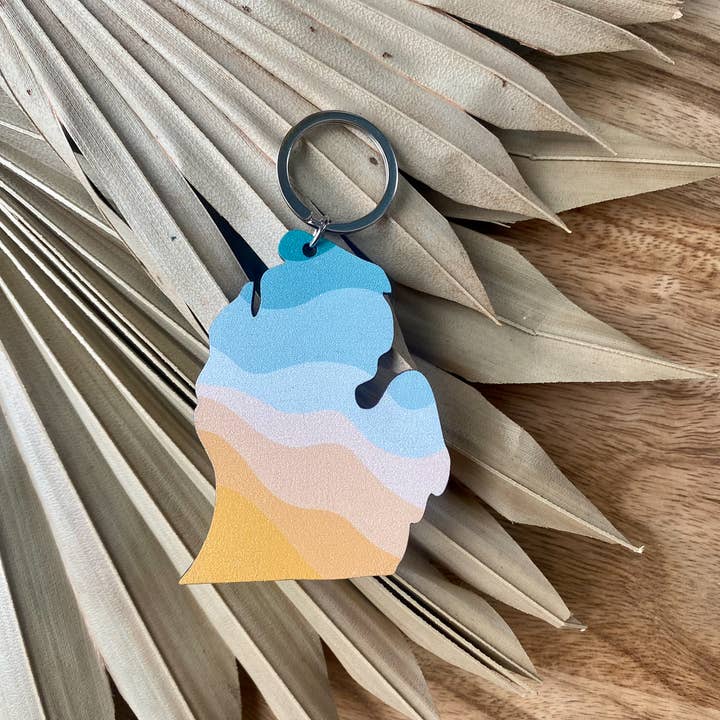 Feather and Birch - Wholesale Keychain - Unisex - Michigan Lower Peninsula Yellow and Blue Wave Wood Keychain