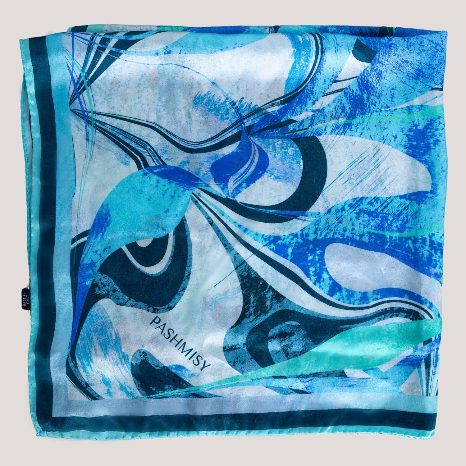 Pashmisy - Wholesale Scarf - Women's - Aqua Wave Flow – Italian Silk Square Scarf (70 x 70 cm)1