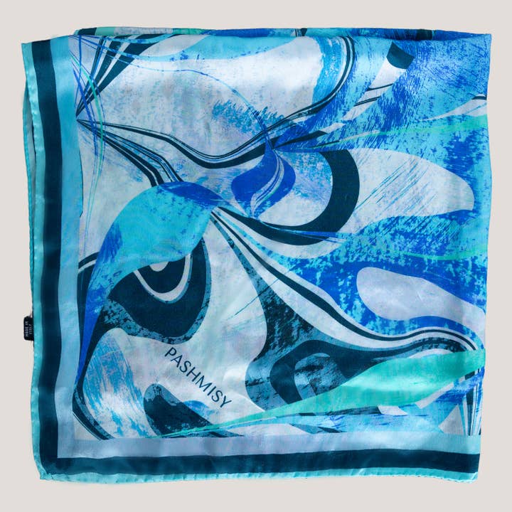 Pashmisy - Wholesale Scarf - Women's - Aqua Wave Flow – Italian Silk Square Scarf (70 x 70 cm)1