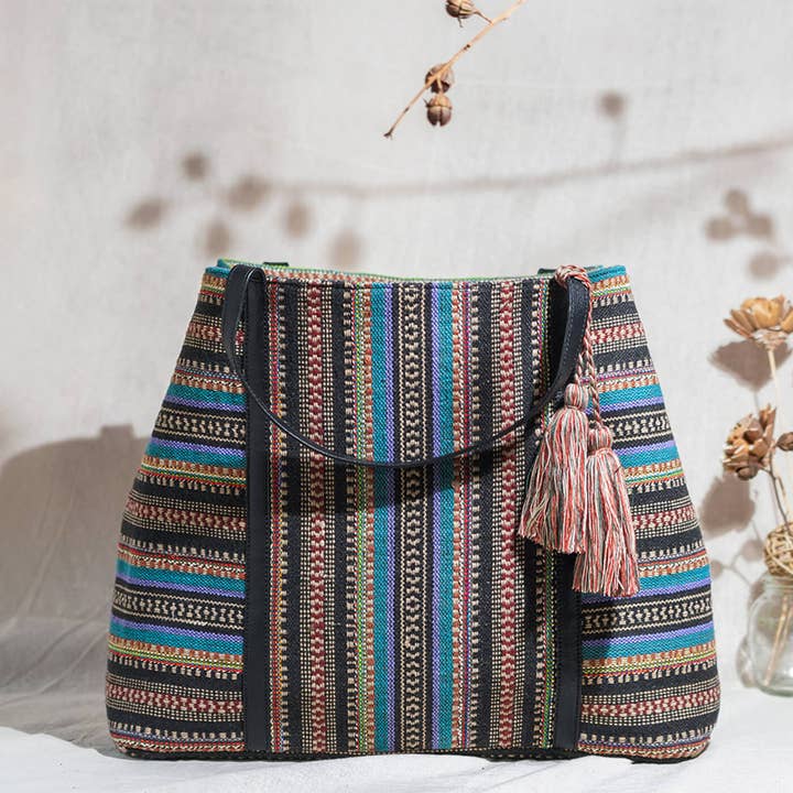 Mutli Striped Jacquard Tote with Leather Handles for wholesale by Zwende