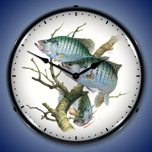 Crappies LED-Lighted Vintage Wall Clock for wholesale by Collectable Sign and Clock LLC.