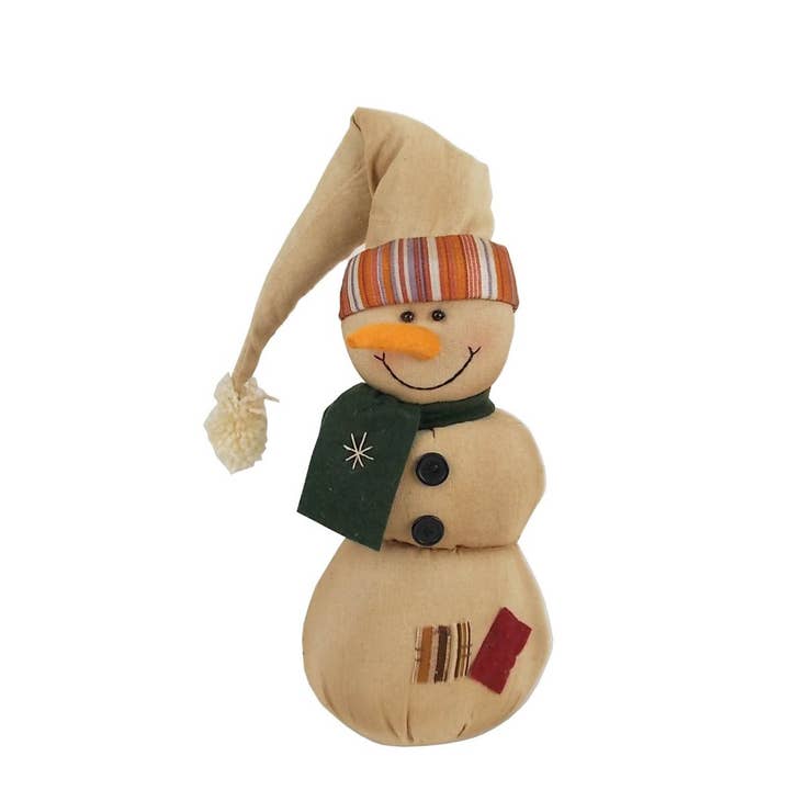 Fabric Half-Body Snowman with Green Scarf and Cream Colored Long Hat, Standing - 13" Tall for wholesale by Birch Maison