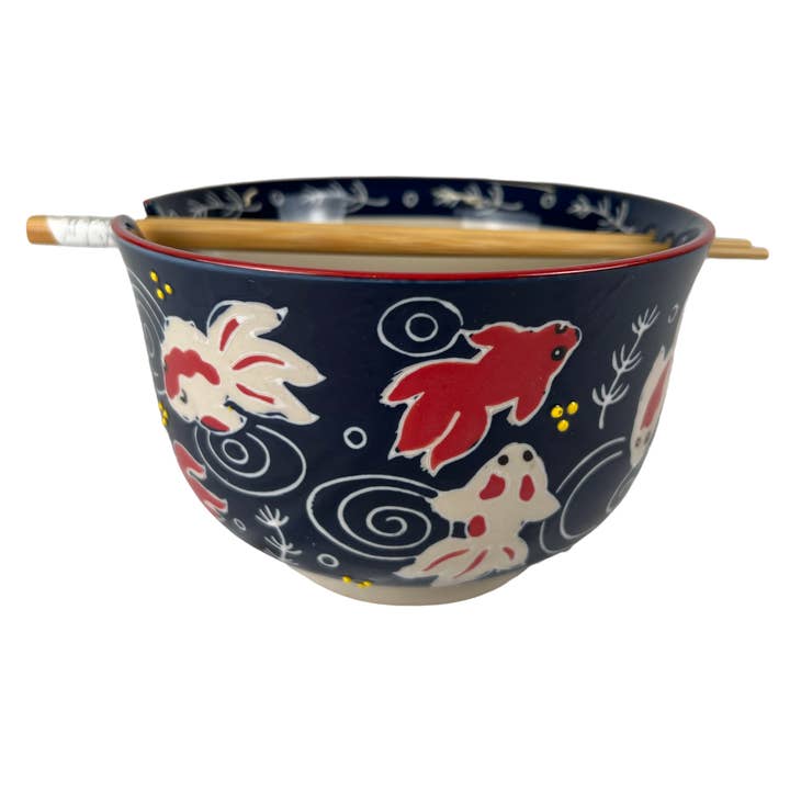 24oz 6"Dx4"H Noodle Bowl With Chopsticks Set Kingyo Gold Fish Design (4/16) for wholesale by Urban Tokyo