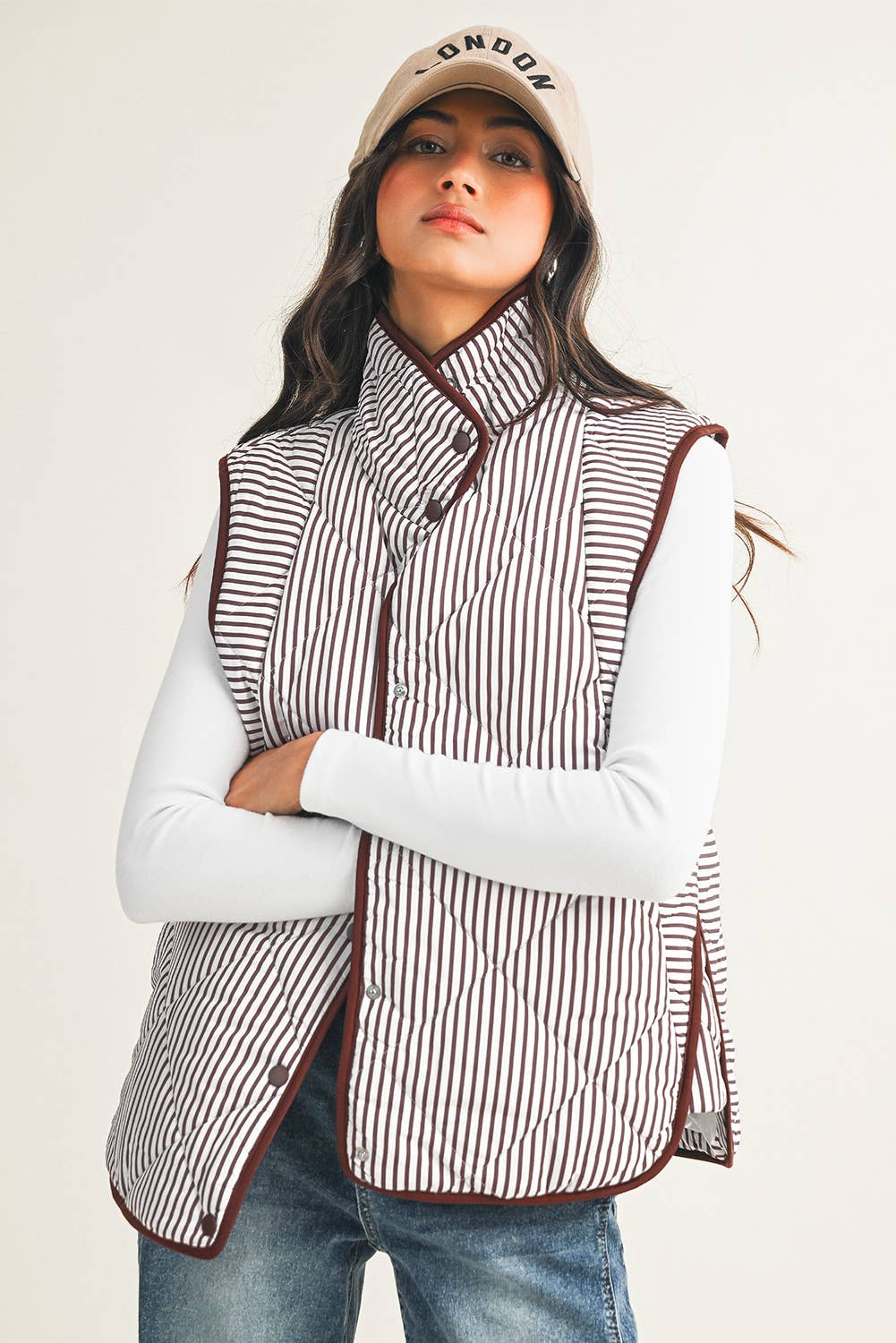 Little Daisy Closet - Wholesale Outerwear Vest - Women's -  LDC Stripe Contrast Trim Button Collared Vest| S-4X3