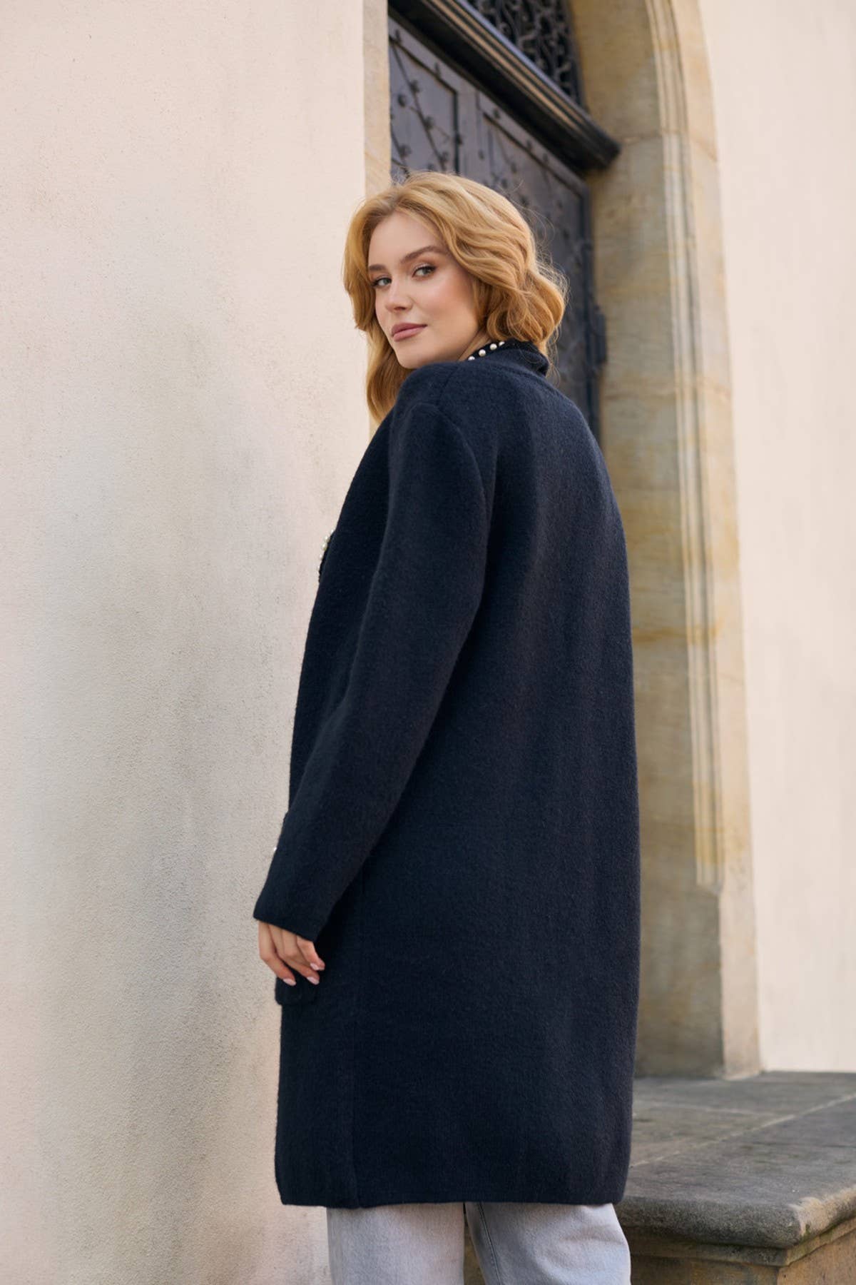 SAACHI - Wholesale Blazer - Women's - Pearl Trim Long Knit Blazer2