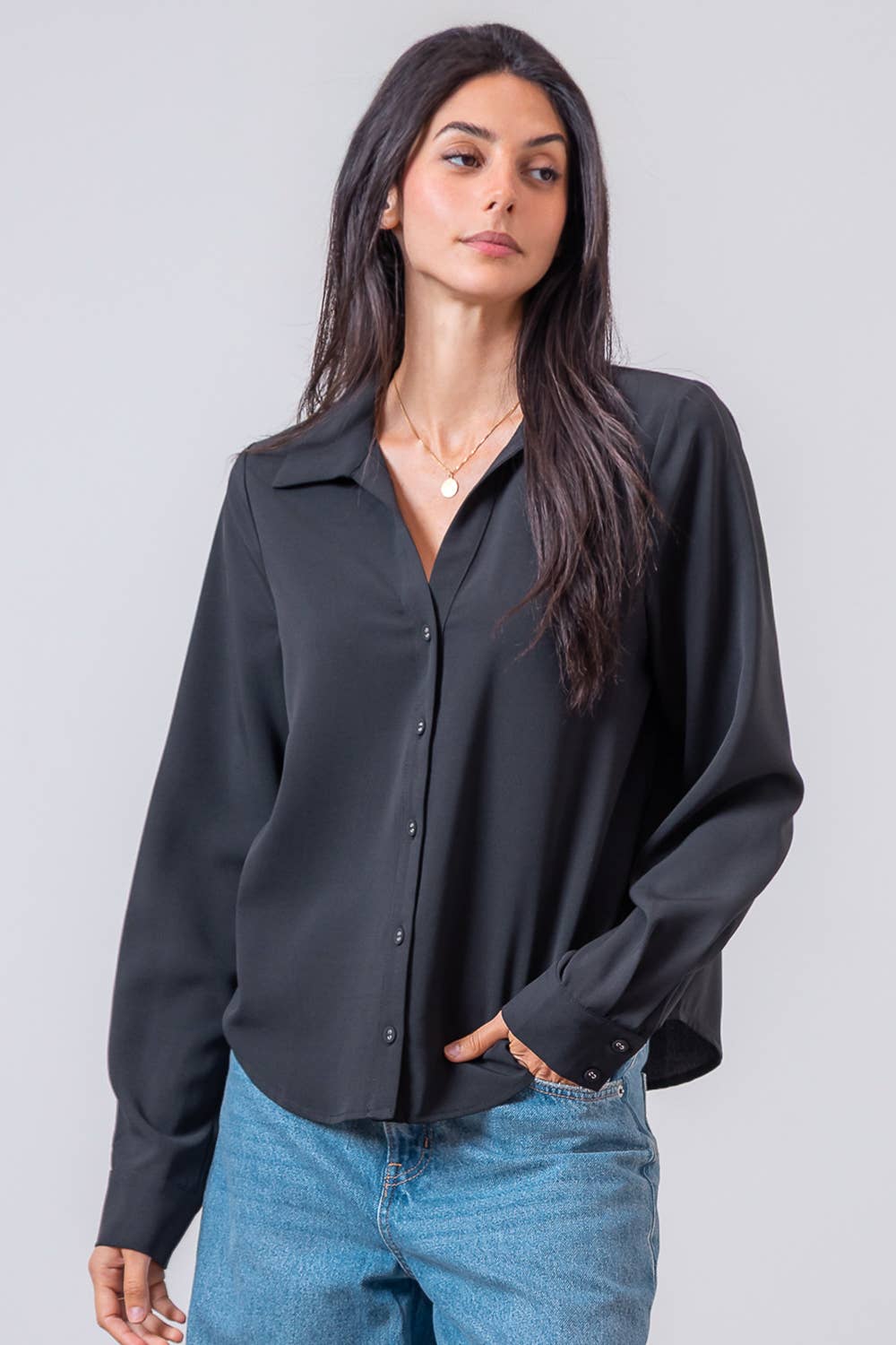Taelynn - Wholesale Button Down Shirt - Women's - ST88298T-LONG SLEEVE BUTTON DOWN V-NECK SOLID SHIRT1