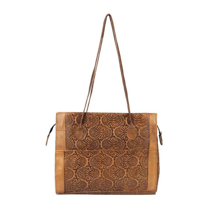 Sac Cabas en Cuir Embossé Paisely | Marron pour la vente par Jerusalem Sandals