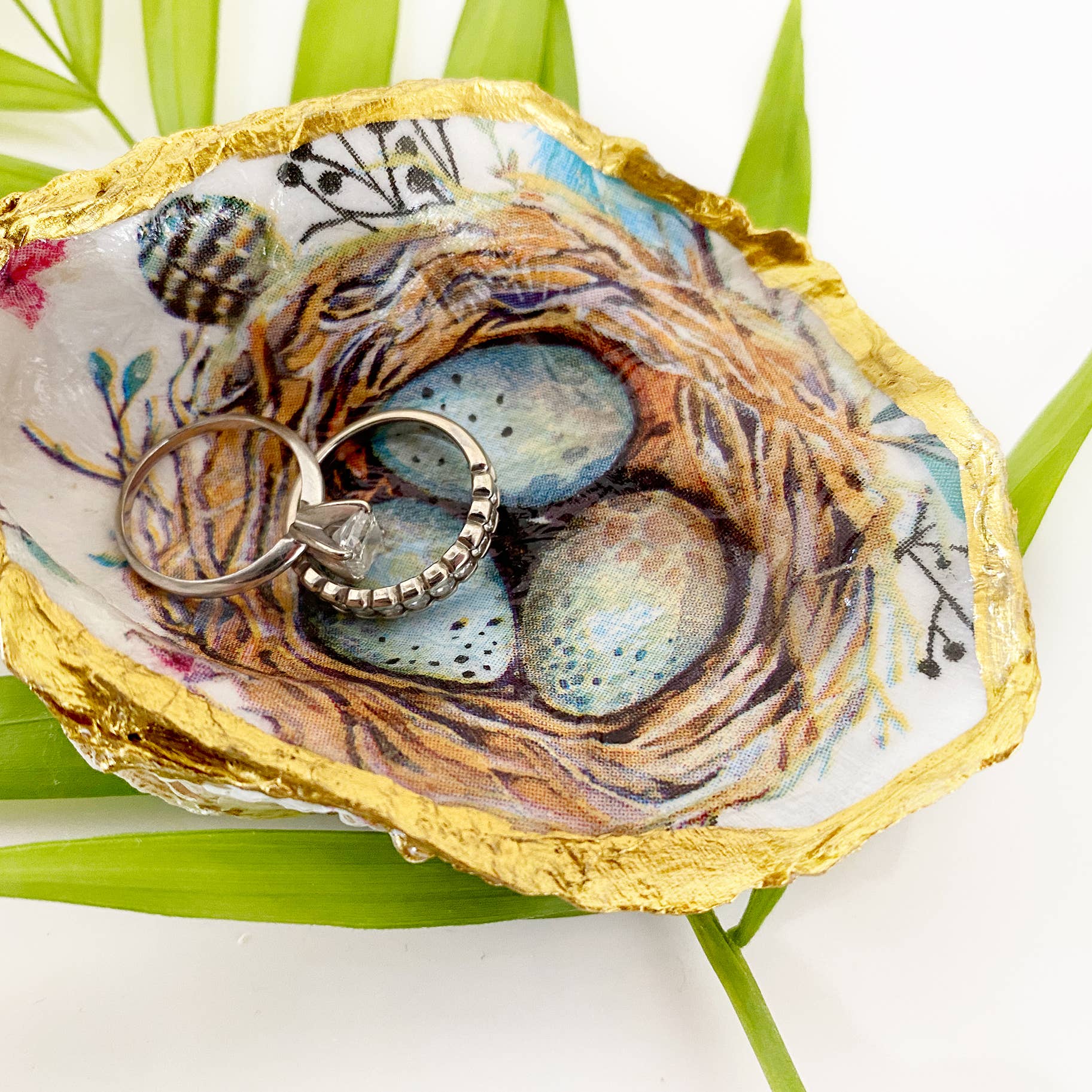 Adori Designs - Wholesale Jewelry Dish - Robin's Egg Decoupage Oyster Shell Trinket Ring Dish1