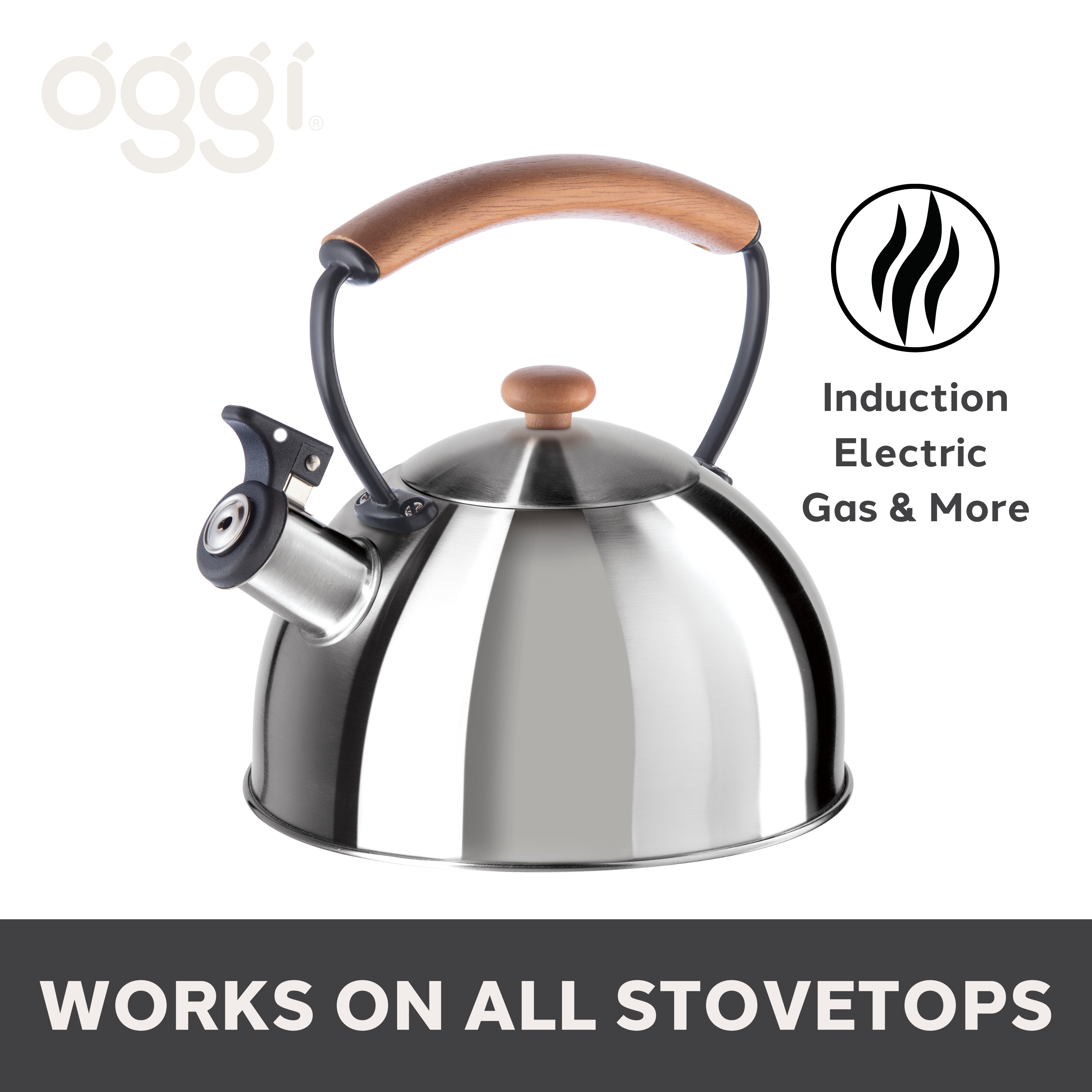 Oggi - Wholesale Kettle - Stovetop Kettle - Steel, Wood Handle, Whistle (1.9lt, 64oz)19