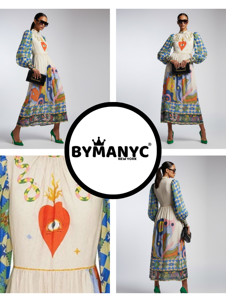 printing Maxi Dress New Collection BYMANYC ® New York • Mystical Illustration & Harlequin Sleeves for wholesale on Faire2
