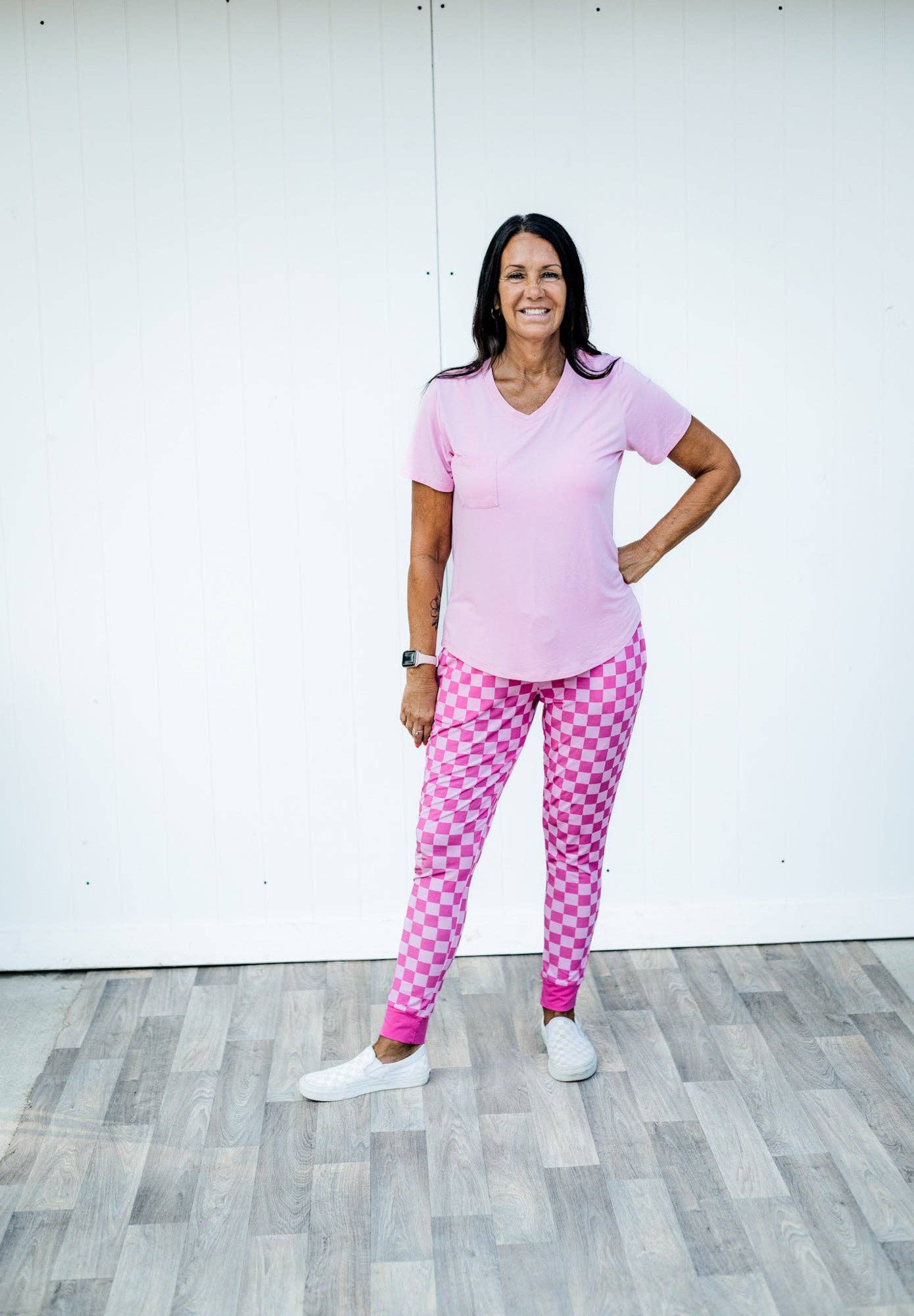 millie + roo LLC - Wholesale Lounge Sweatpants/Joggers - Women's - MAMA JOGGERS- Pink Check7