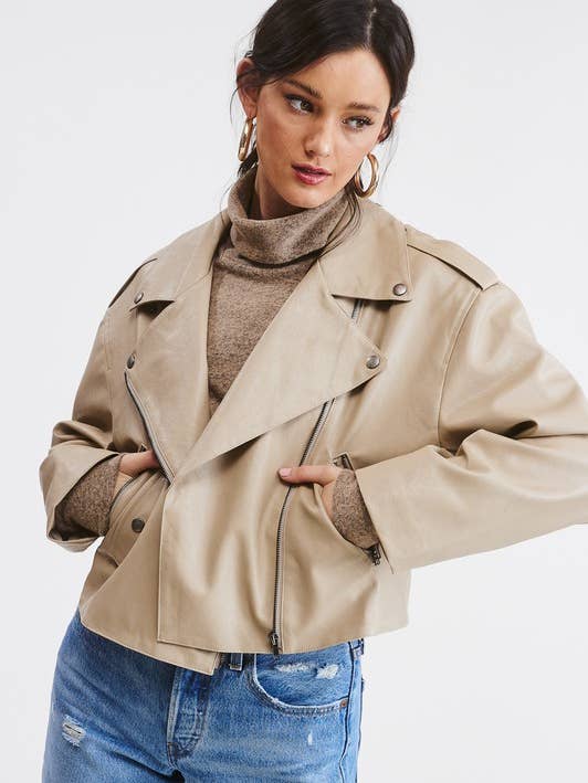 Faux Soft Leather Biker Jacket with Front Zipper for wholesale by Mimosa