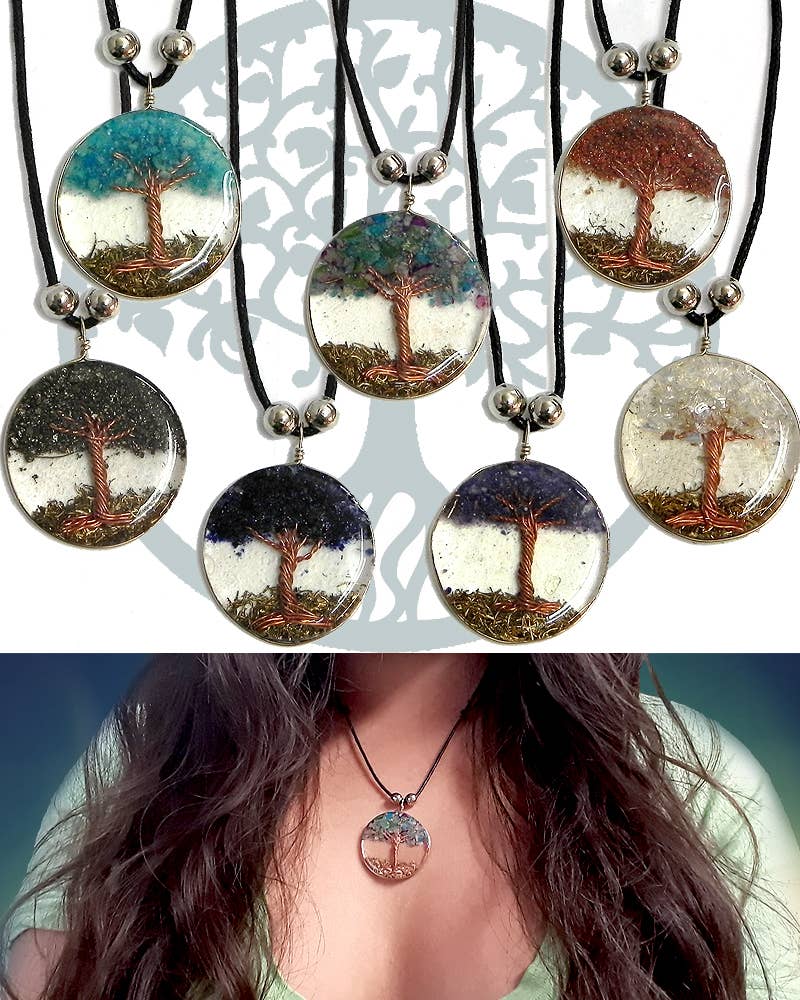Pichincha - Wholesale Pendant/Charm Necklace - Round Acrylic Chip Stone Inlay Tree of Life Pendant Necklace1