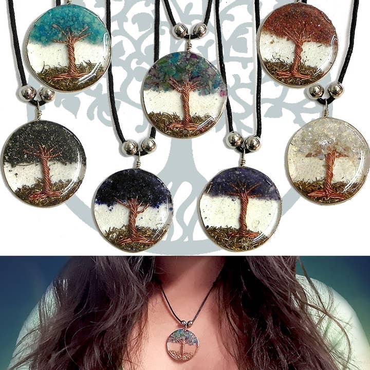 Pichincha - Wholesale Pendant/charm necklace - Round Acrylic Chip Stone Inlay Tree of Life Pendant Necklace1